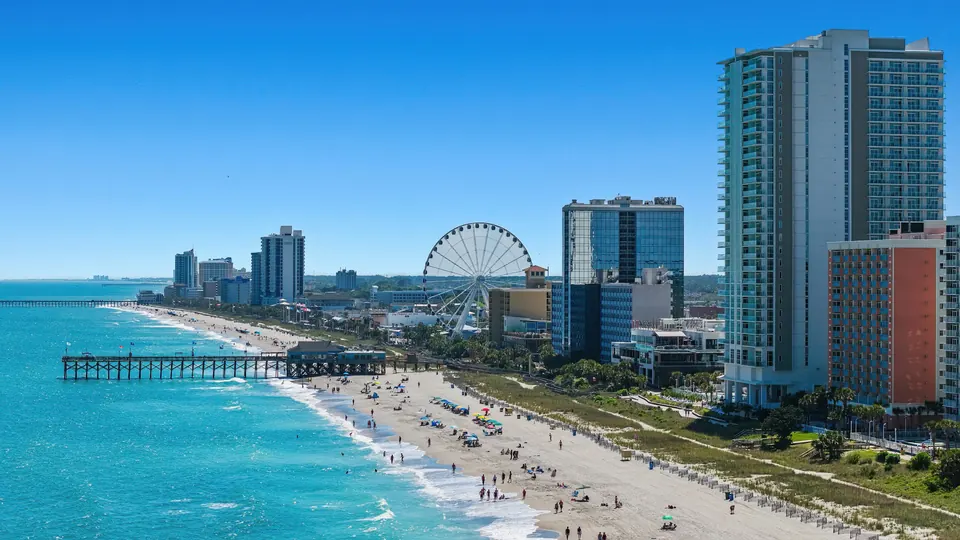 Aerial view of the Myrtle Beach oceanfront, the pier and the SkyWheel