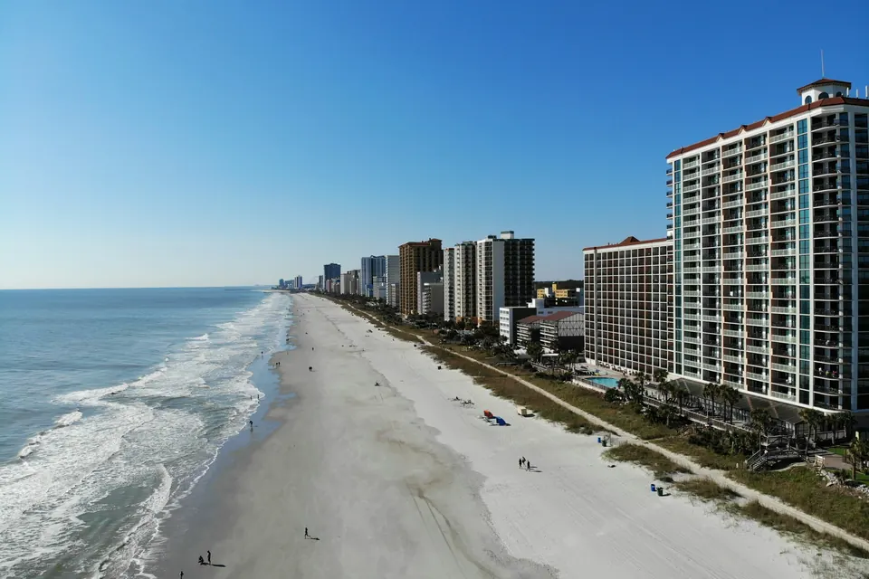 Aerial view of oceanfront hotels and the beach along Ocean Boulevard in Myrtle Beach