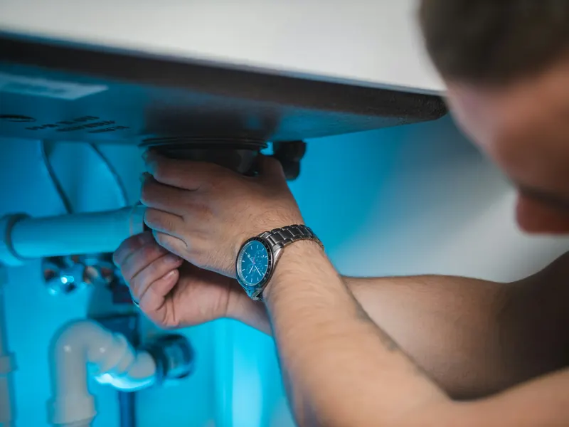 A plumber's hands loosening a fitting under a sink