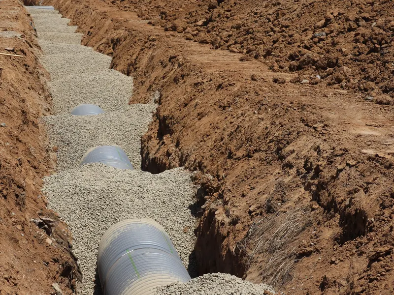 A new drain pipe laid on gravel at the bottom of an open trench
